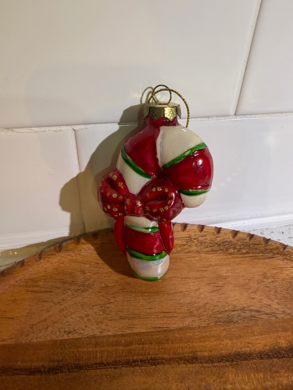 Vintage Holiday Candy Cane Blown Glass Ornament - Red & White
